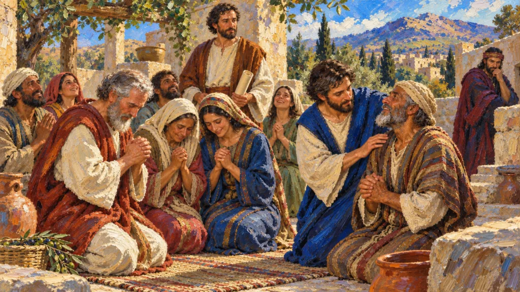 Classical oil painting of apostles praying among Samaritan believers in an ancient courtyard.