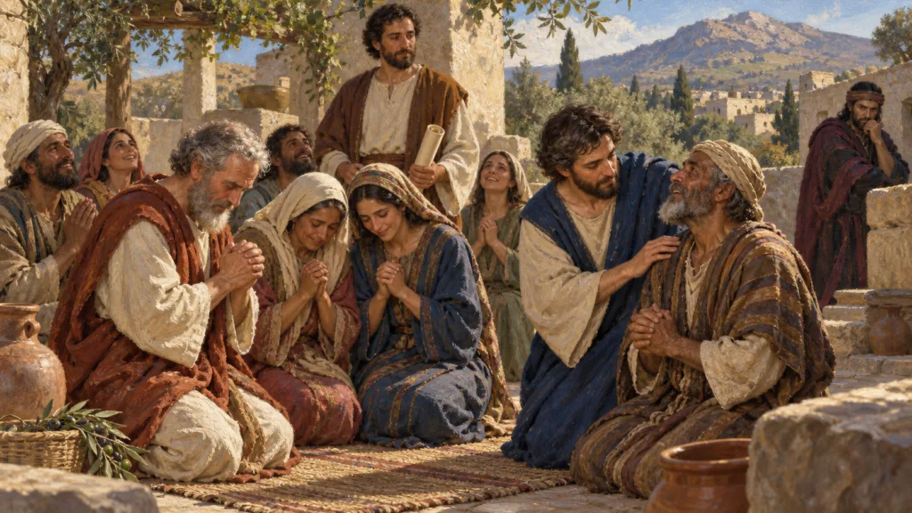 Classical oil painting of the apostles praying with Samaritan believers