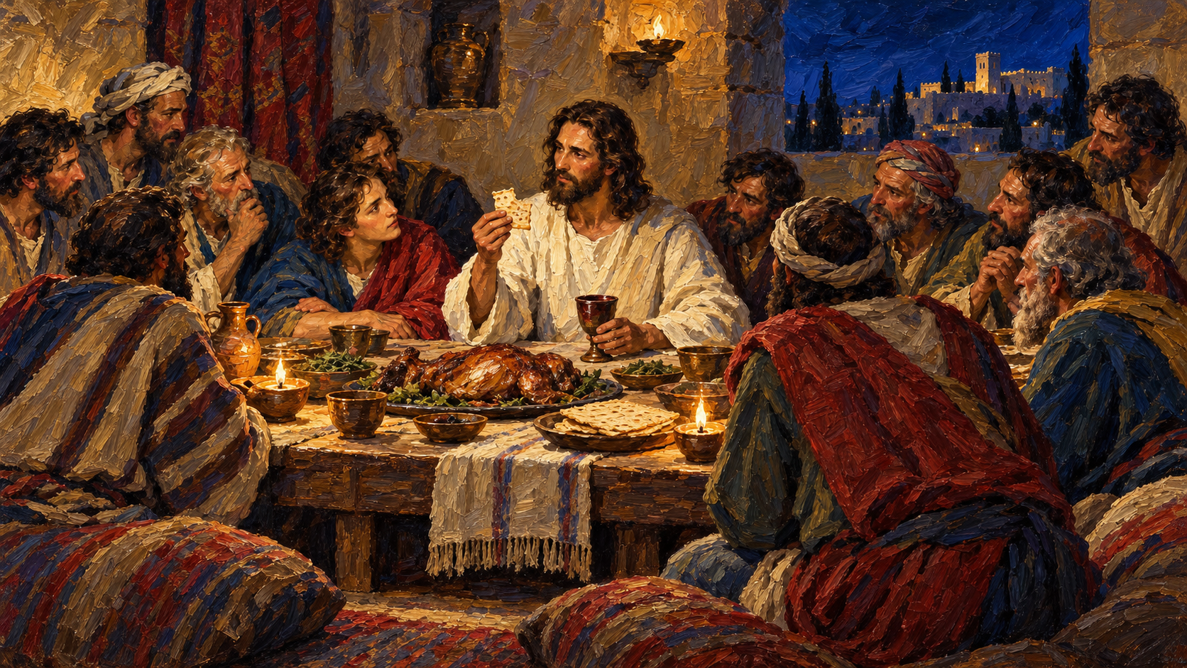 Passover and the bread and cup Classical oil painting of Jesus sharing bread at the Passover meal with His apostles.