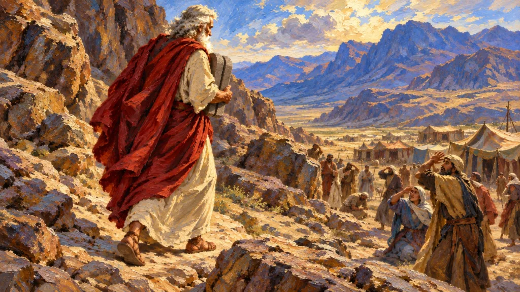 Classical oil painting of Moses descending Sinai with two covenant tablets as Israelites recoil in awe.