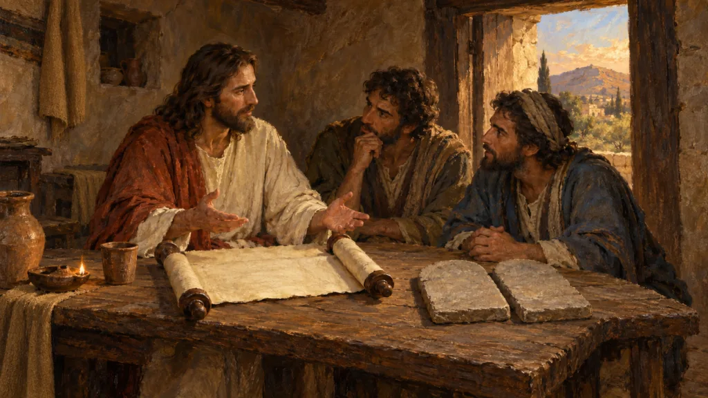 Jesus teaching two disciples how the Law of Moses leads to Him, painted in classical oil on canvas