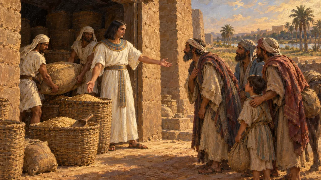 Joseph opening Egypts grain store to provide for his family, painted in classical oil on canvas