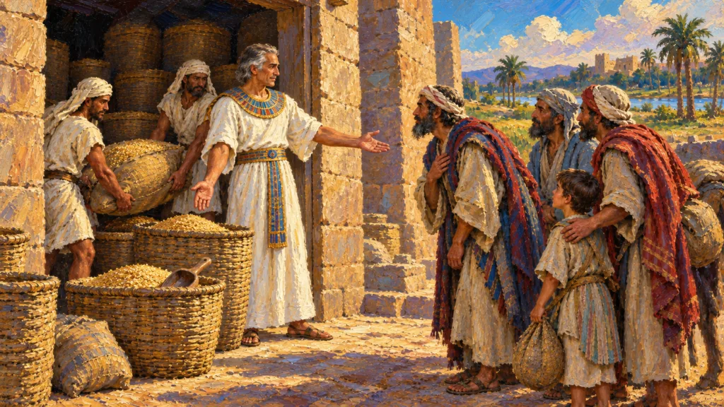 Classical oil painting of mature Joseph welcoming his family while workers supply grain.