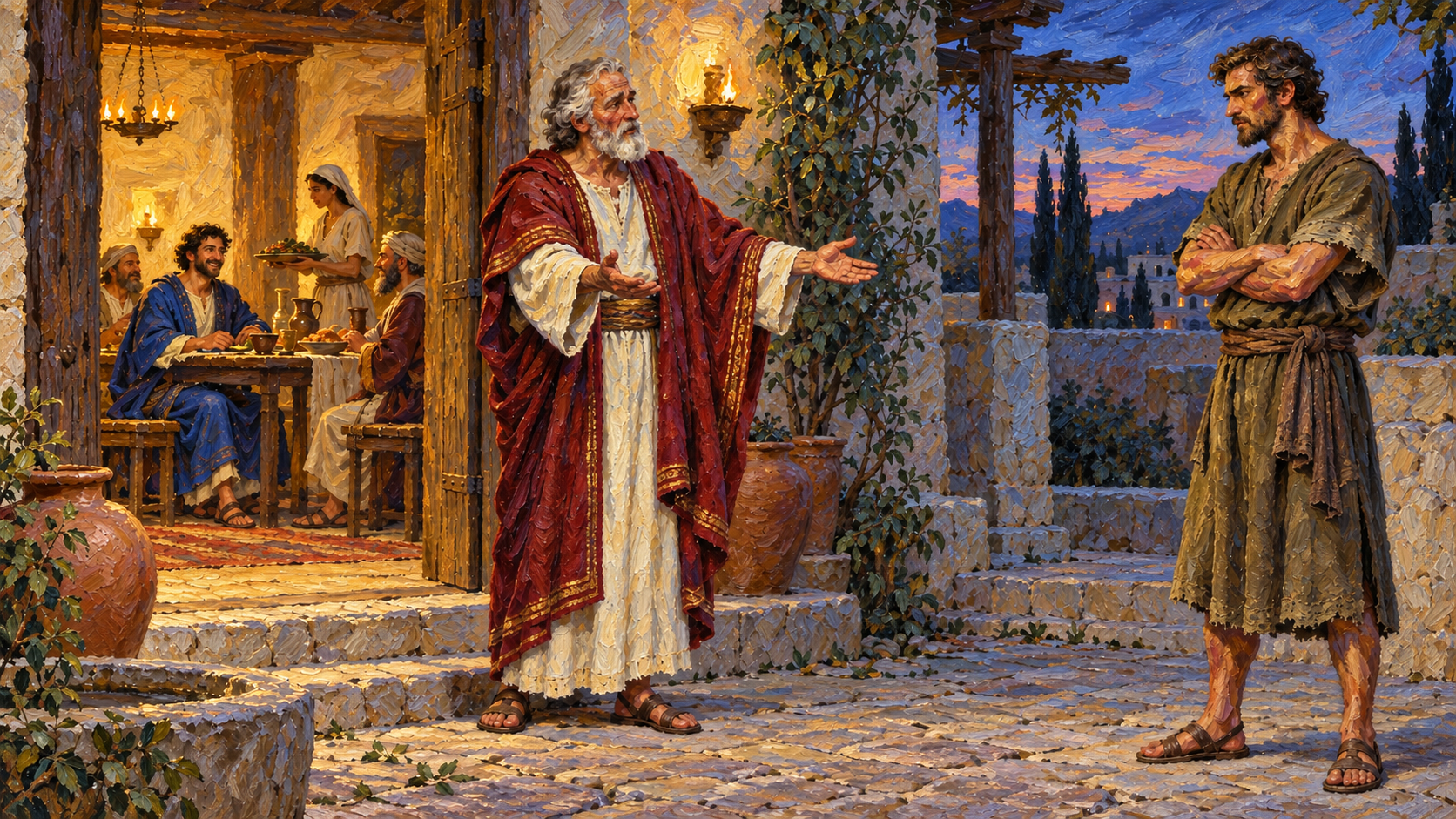 Classical oil painting of the father inviting his angry older son inside while the restored younger son celebrates at the feast.