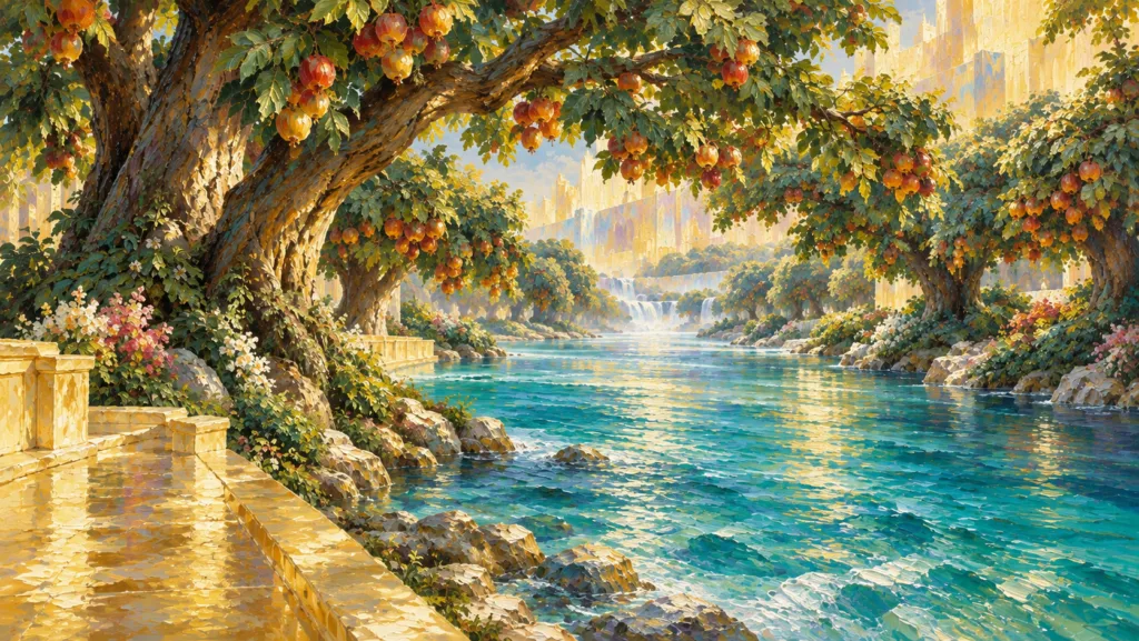 Classical oil painting of the fruit-bearing Tree of Life beside the clear river in New Jerusalem.