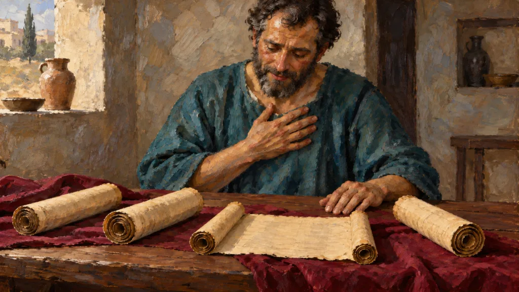 Classical oil painting of a reader contemplating four manuscript scrolls.