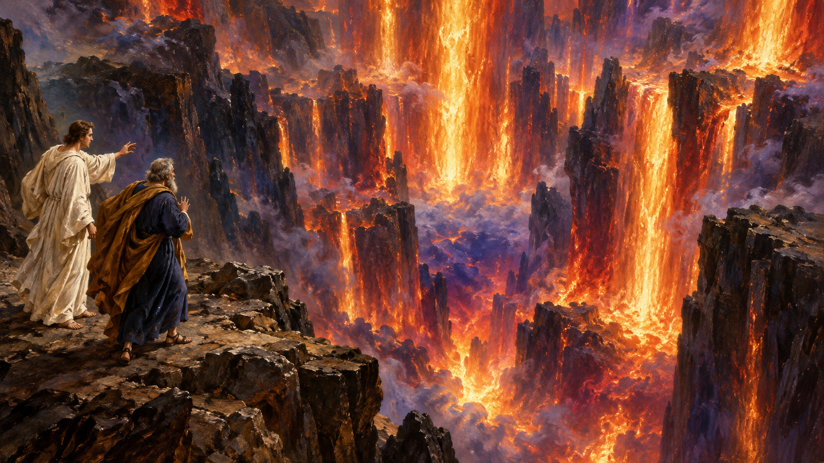 Classical oil illustration of the Book of Enoch vision of a fiery abyss, with Enoch and his angelic guide overlooking descending columns of fire.