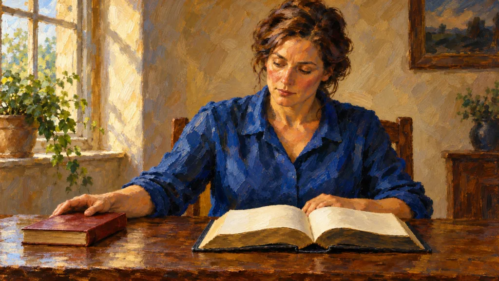 Classical oil painting of a woman setting a secondary book aside beside an open Bible.