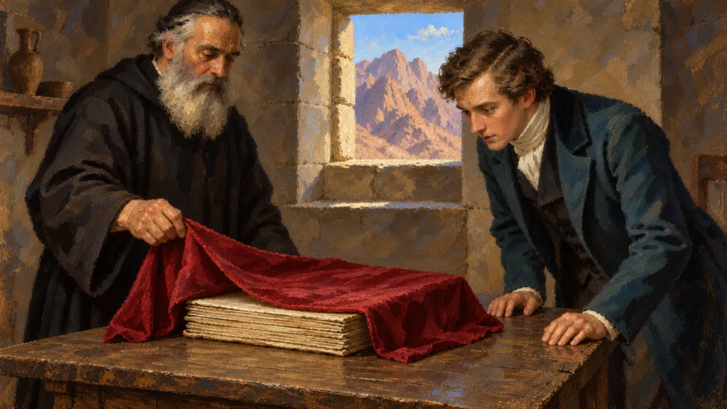 Classical oil reconstruction of a monastery custodian showing parchment leaves to a scholar at Sinai.