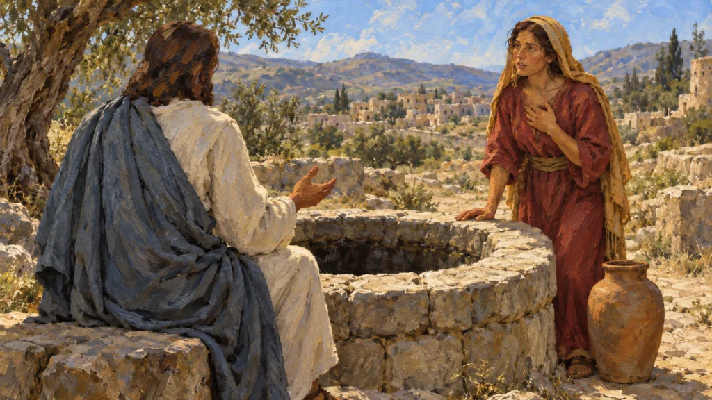 Classical oil painting of the Samaritan woman listening to Jesus beside the well.