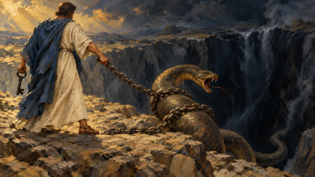 Classical oil painting of an angel with key and chain restraining the ancient serpent at the abyss.