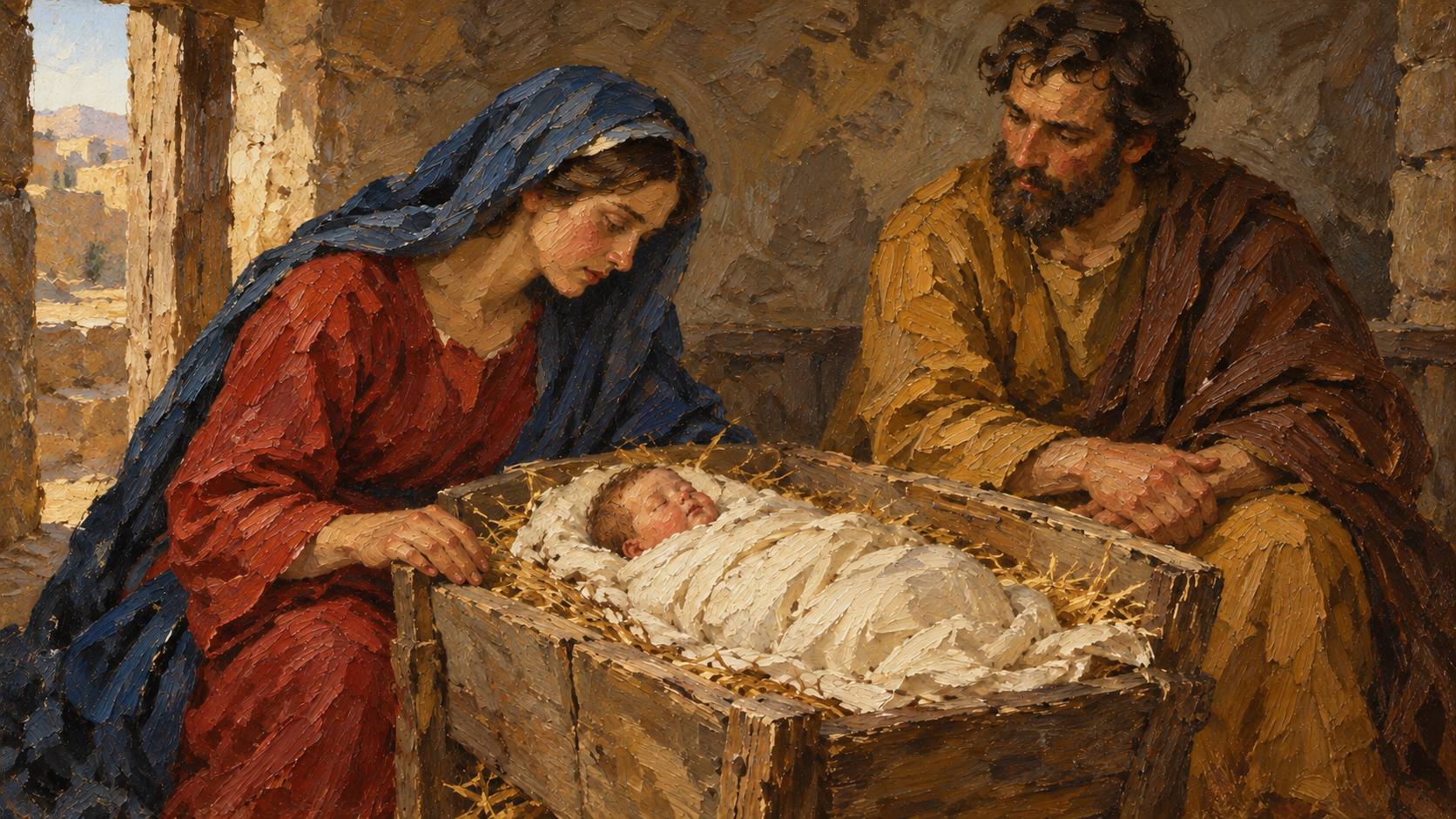 Classical oil painting of the swaddled newborn Jesus in a manger with Mary and Joseph.