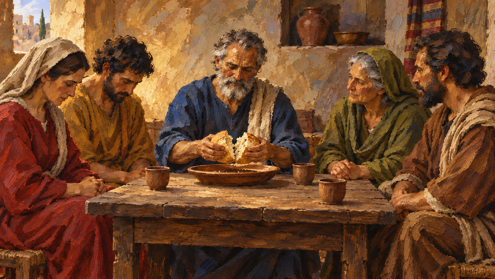 Ecclesia gathered church oil painting Early believers share bread and fellowship in a home