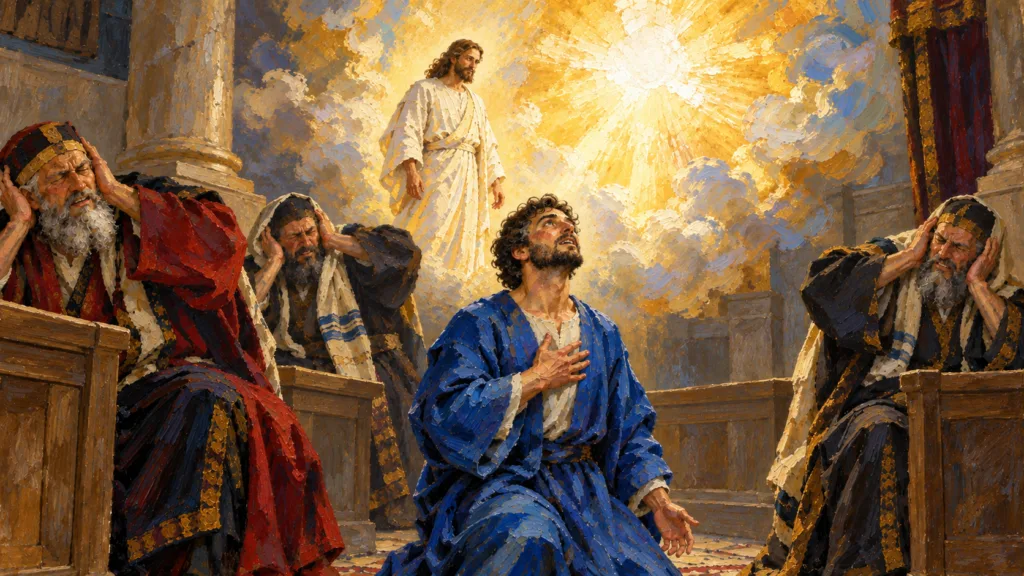 Stephen sees Jesus standing beside divine glory while council members cover their ears