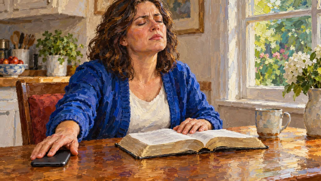 Woman sets her phone aside and pauses in prayer beside an open Bible