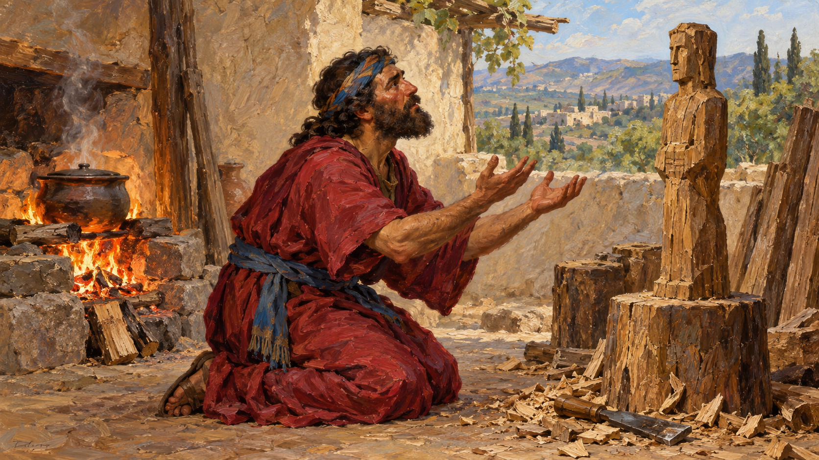 Idolatry and the woodworker oil painting Woodworker worships a carved wooden idol beside a hearth burning wood