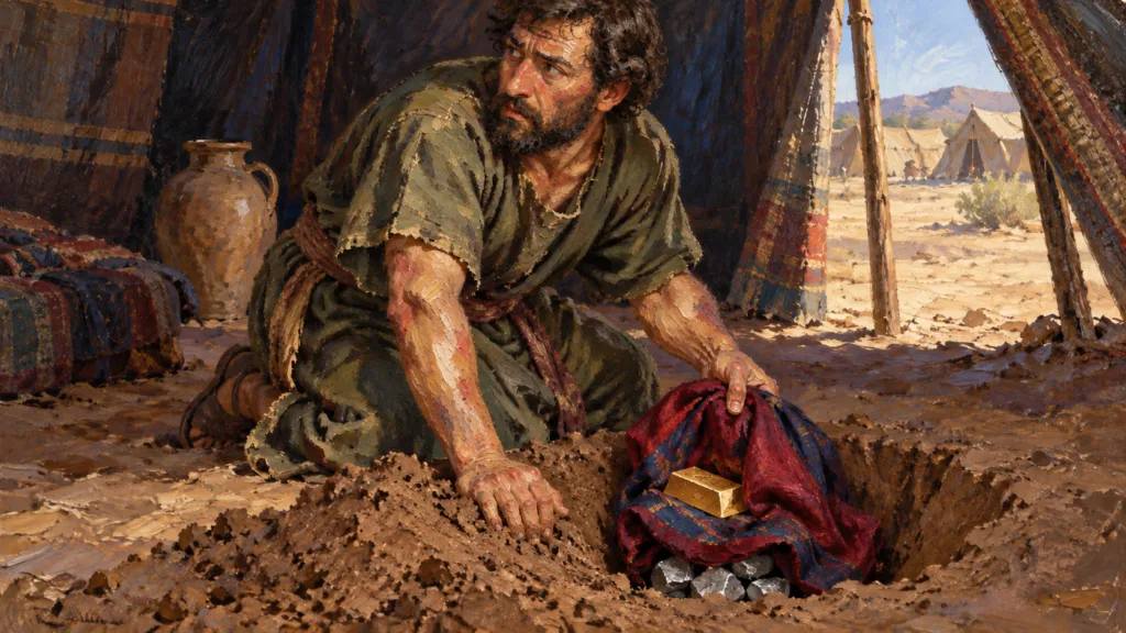 Achan conceals a garment with gold and silver beneath his tent floor