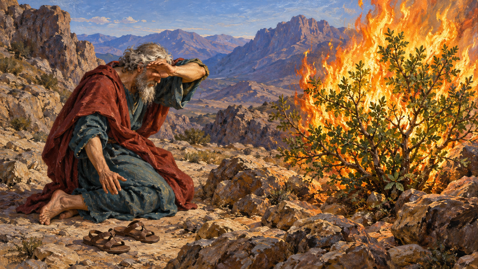 Jehovah reveals Himself at the burning bush oil painting Barefoot Moses hides his face before the burning bush that remains unconsumed