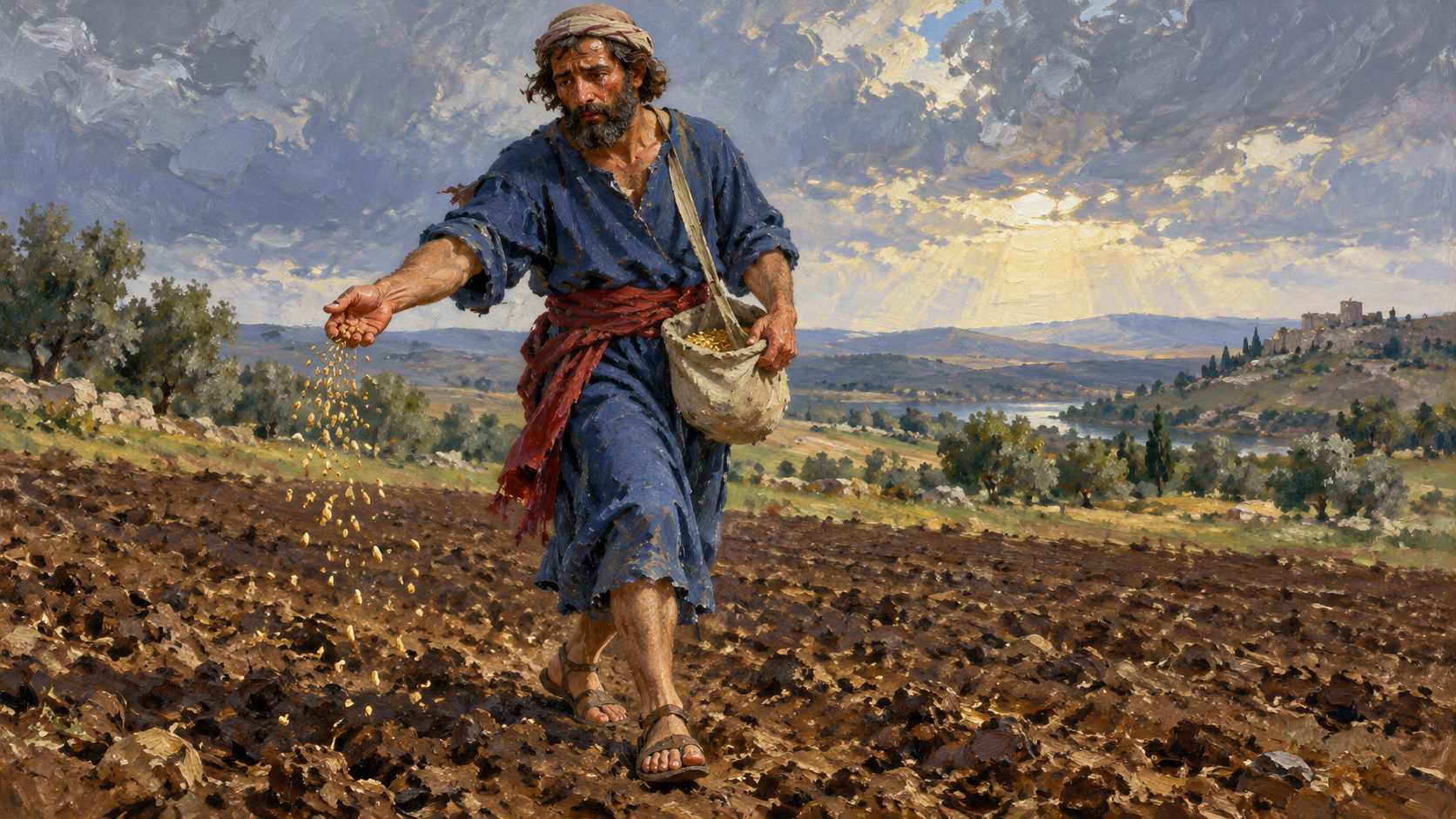 Sowing and reaping with tears oil painting A tearful farmer faithfully sows grain across a freshly worked field