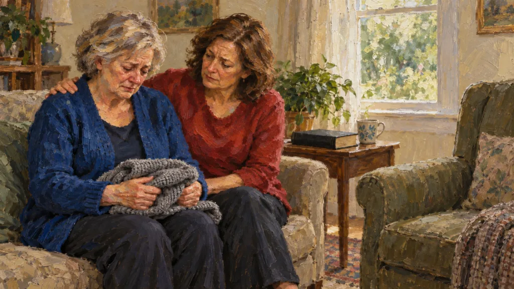 A friend comforts a grieving widow holding a sweater beside an empty chair