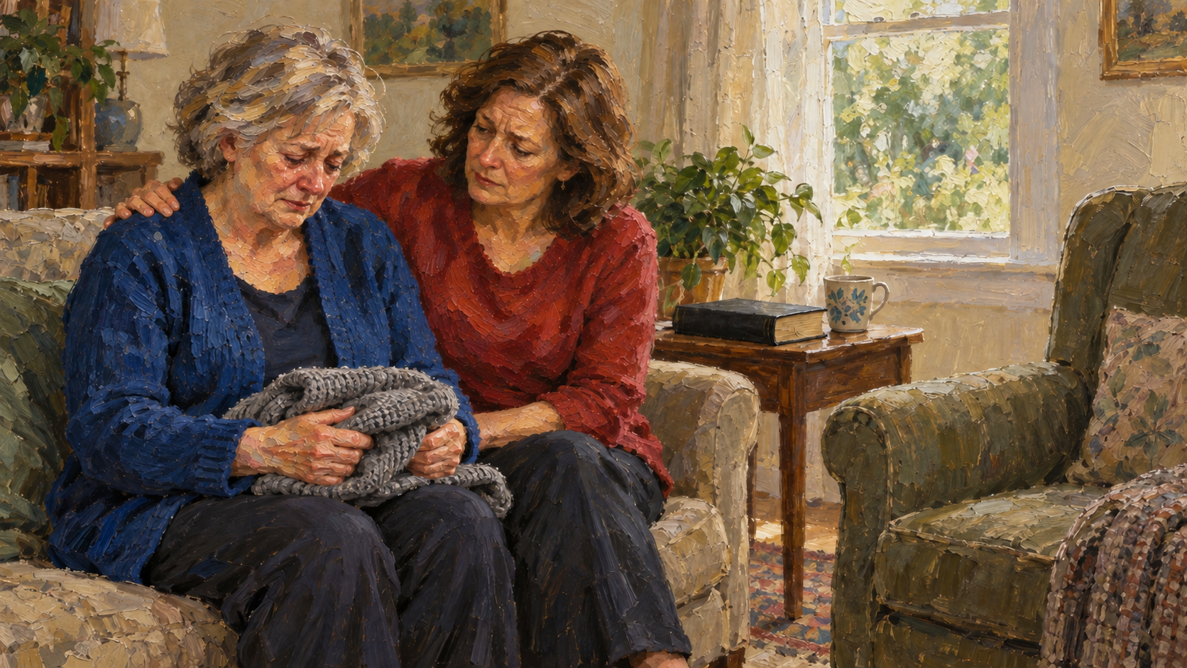 Grief and faith with quiet comfort oil painting A friend comforts a grieving widow holding a sweater beside an empty chair