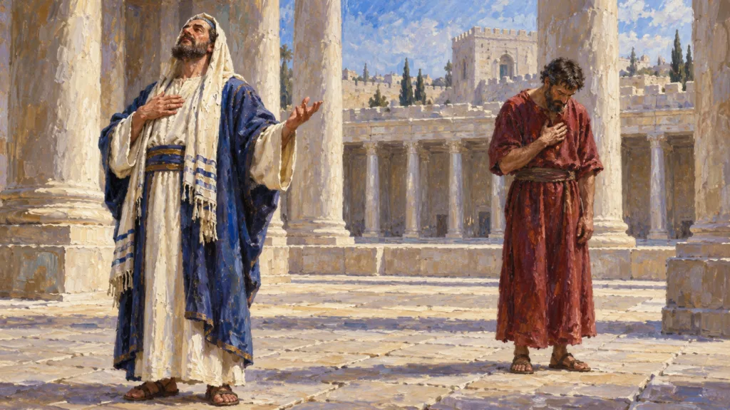 The Pharisee prays confidently while the tax collector stands apart pleading for mercy