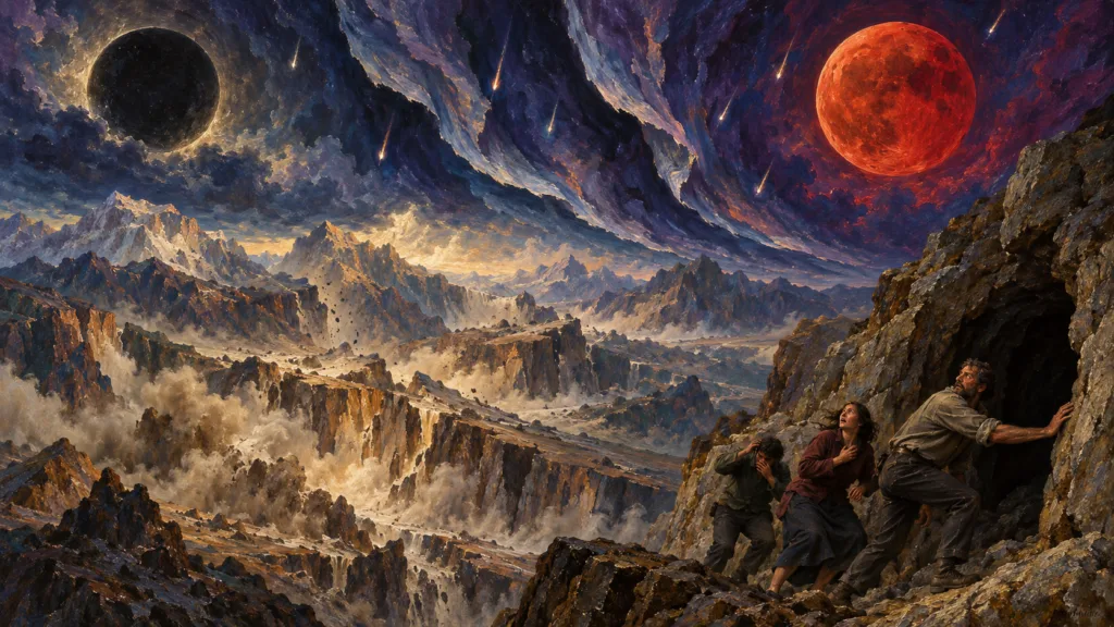 Classical oil painting of a blood-red moon and blackened sun above shaken mountains as people seek shelter in a cave.