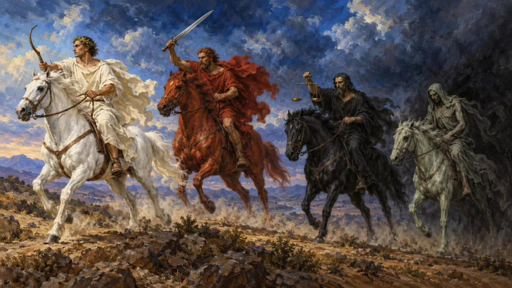 Classical oil painting of four riders on white, red, black and pale green horses carrying a bow, sword and scales, with Death last.