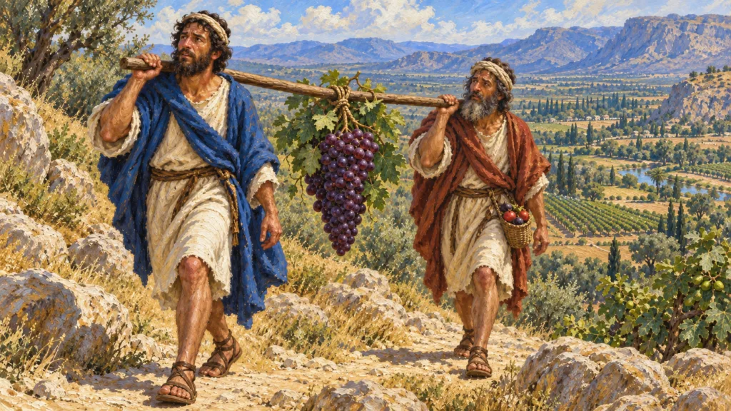Classical oil painting of two Israelite spies carrying a grape cluster on a pole above the fertile hills of Canaan.