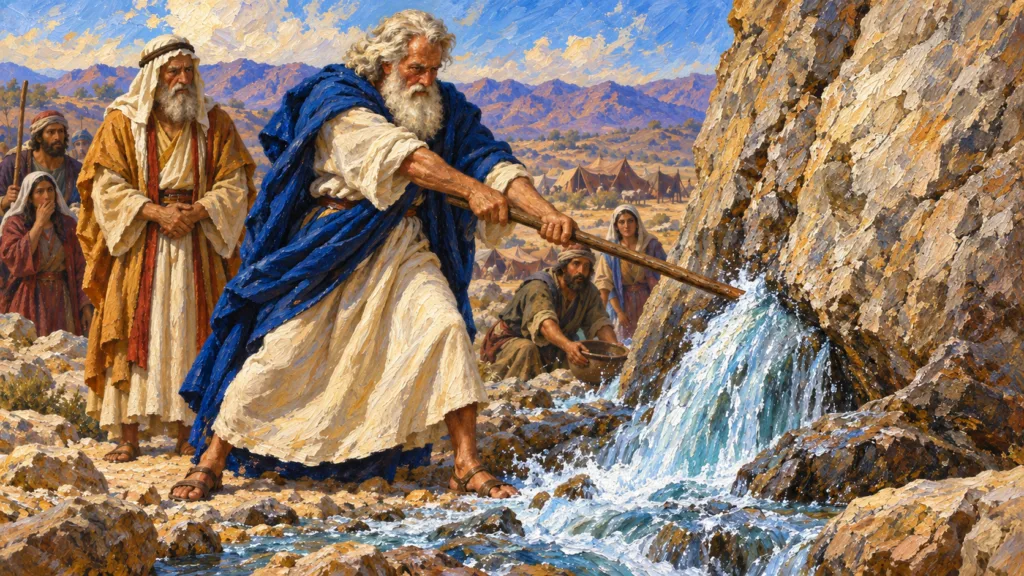 Classical oil painting of Moses striking the rock at Kadesh as water pours out and Aaron and Israelites watch.