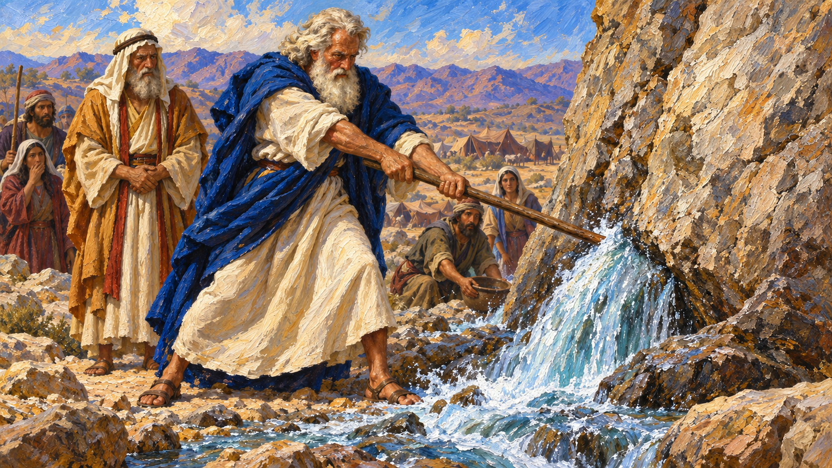 Moses and the Rock – classical oil painting Classical oil painting of Moses striking the rock at Kadesh as water pours out and Aaron and Israelites watch.