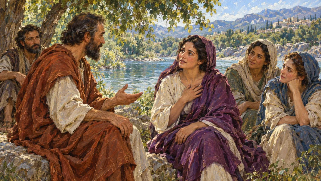 Classical oil painting of Lydia in purple listening attentively to Paul beside the river at Philippi with other women.