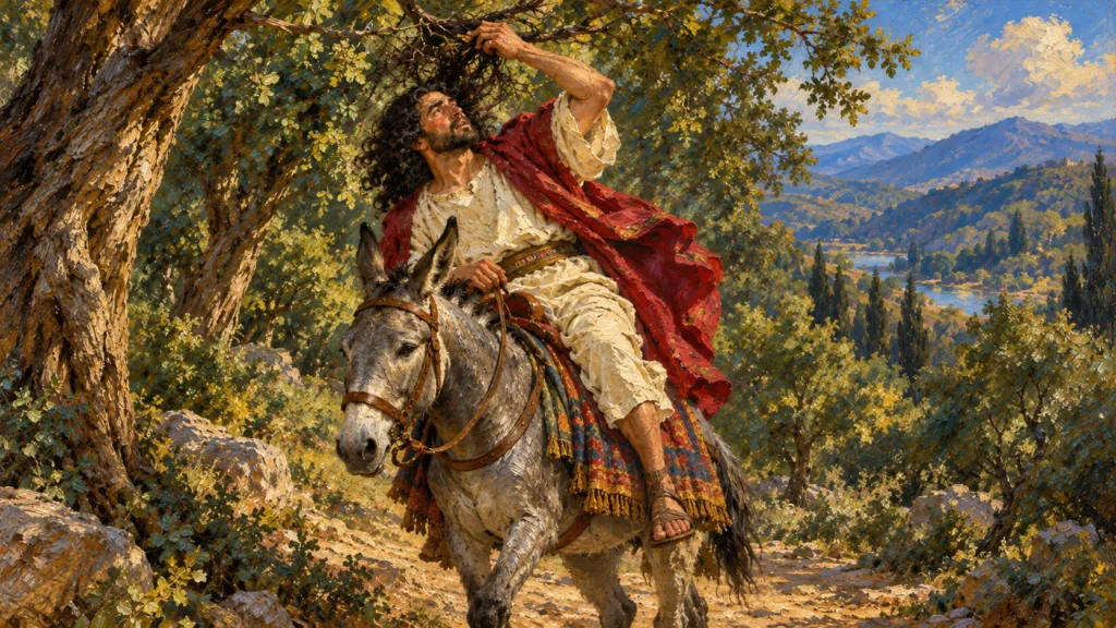 Classical oil painting of Absalom on his mule as his hair catches in overhead branches.