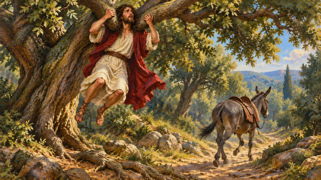 Classical oil painting of Absalom caught by his head in a terebinth tree while his riderless mule continues onward.