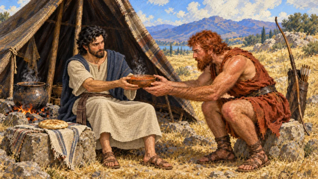 Classical oil painting of Jacob in a plain woven tunic giving Esau lentil stew in exchange for his birthright.