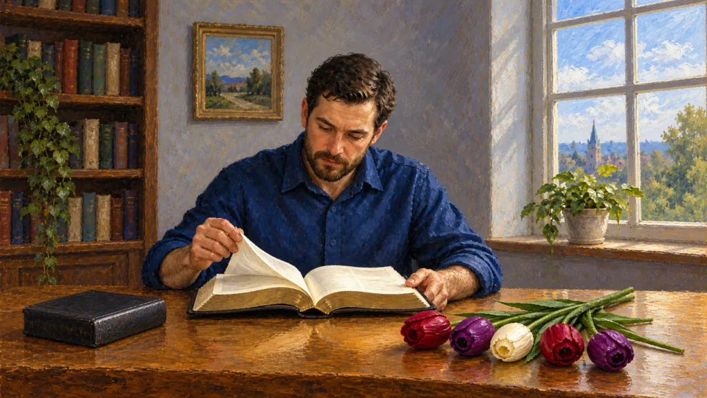 Classical oil painting of a reader examining an open Bible beside five tulips representing the five points of Calvinism.