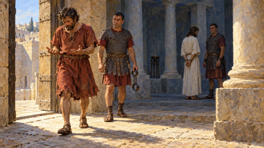 Classical oil painting of Barabbas walking free from Roman custody while Jesus remains bound under guard.