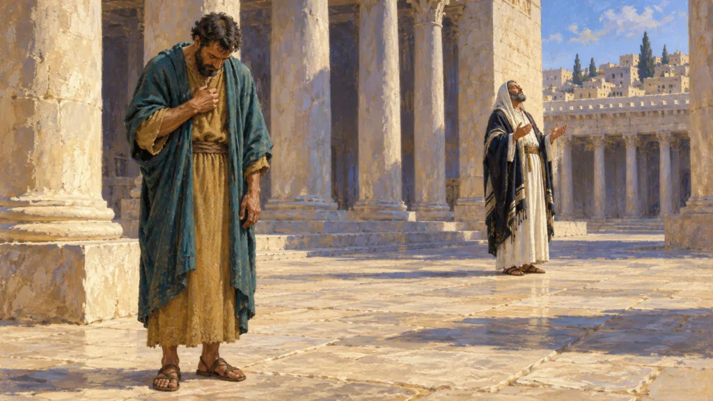 Classical oil painting of the tax collector standing with lowered eyes and a hand at his breast while a Pharisee prays farther away in the temple courtyard.