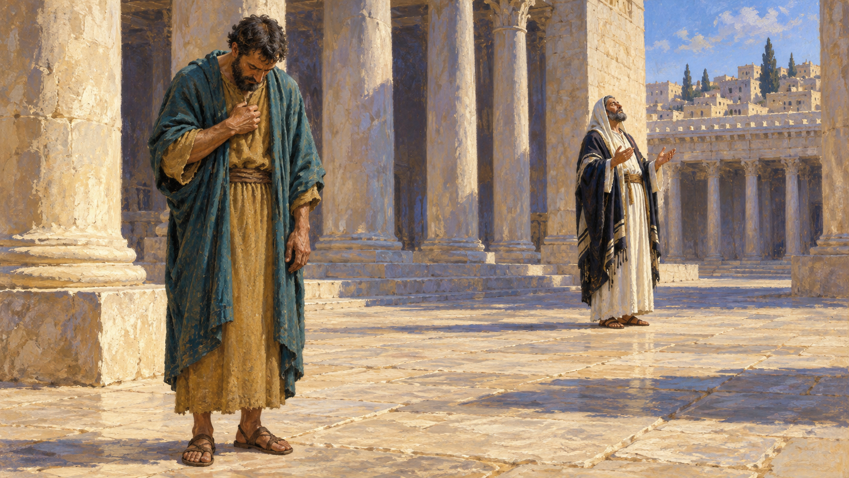 Classical oil painting of the tax collector standing with lowered eyes and a hand at his breast while a Pharisee prays farther away in the temple courtyard.