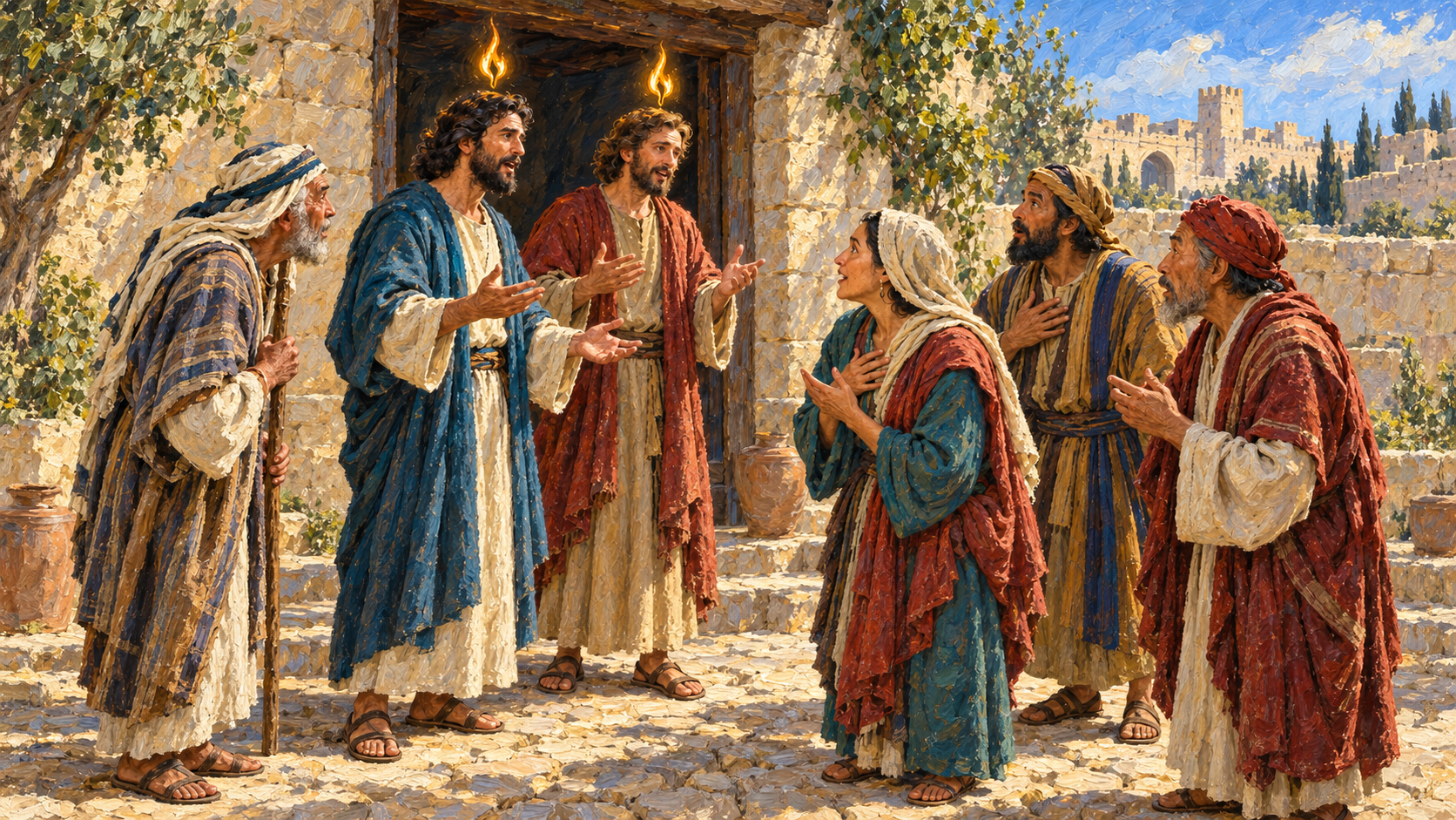 Classical oil painting of Pentecost disciples speaking as astonished pilgrims recognize their languages, with small divided signs as of fire above the speakers.