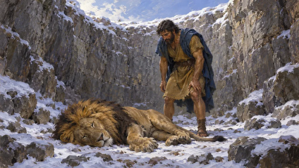 Classical oil painting of Benaiah standing exhausted beside the defeated lion in a snow-covered rocky pit.