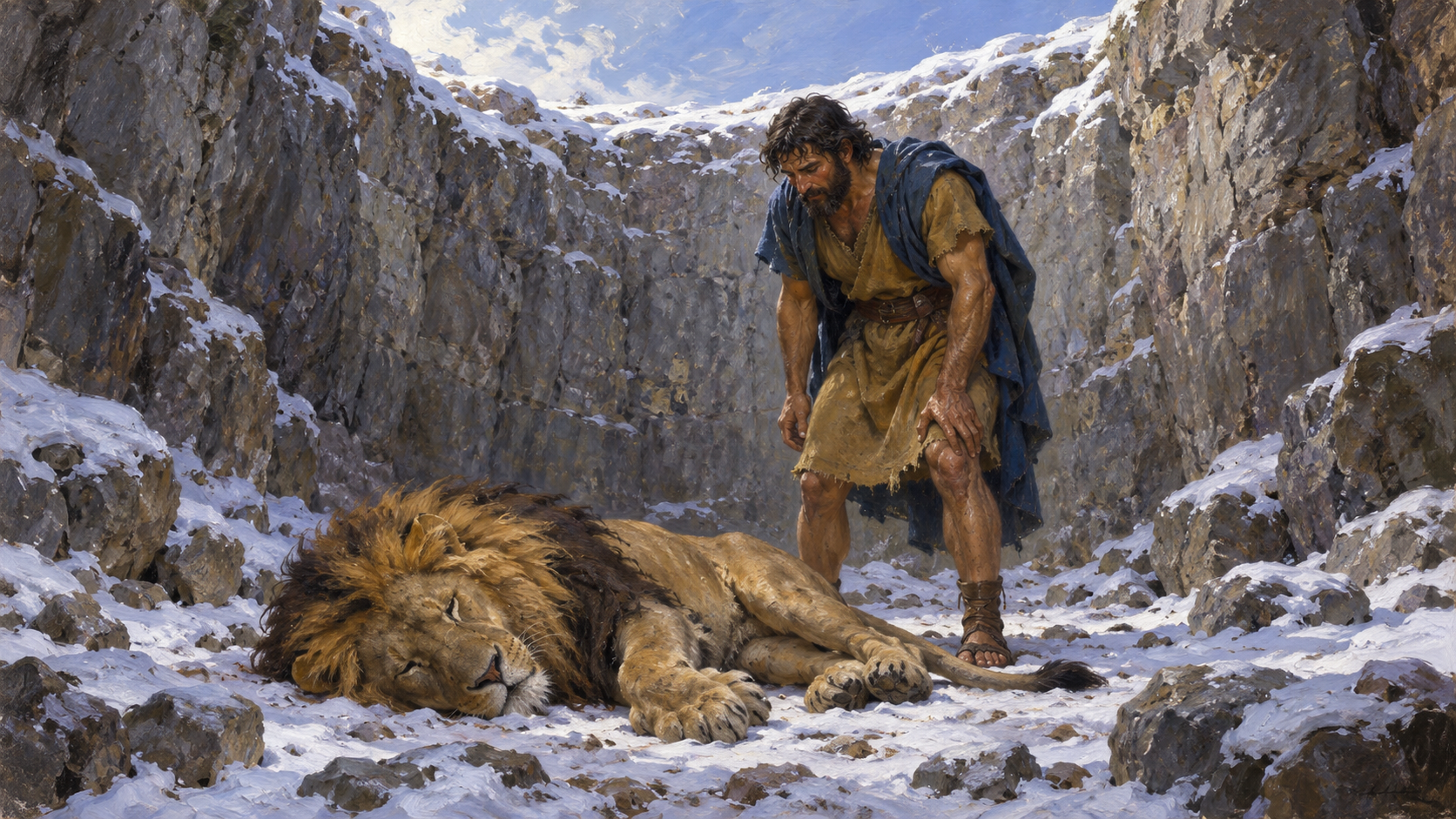 Benaiah in the Snowy Pit – classical oil painting Classical oil painting of Benaiah standing exhausted beside the defeated lion in a snow-covered rocky pit.