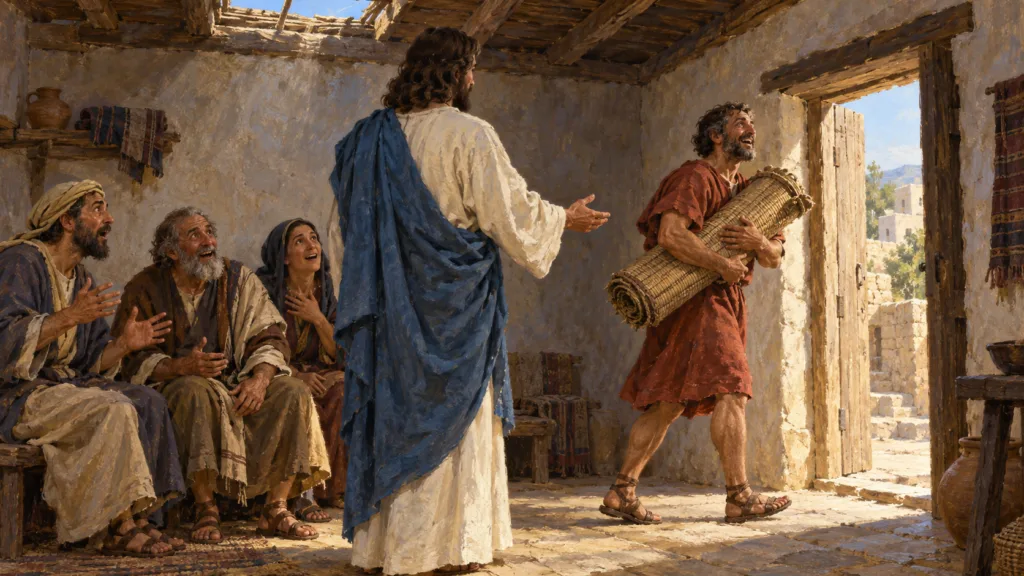 Classical oil painting of the healed man carrying his sleeping mat past Jesus while witnesses react in amazement.