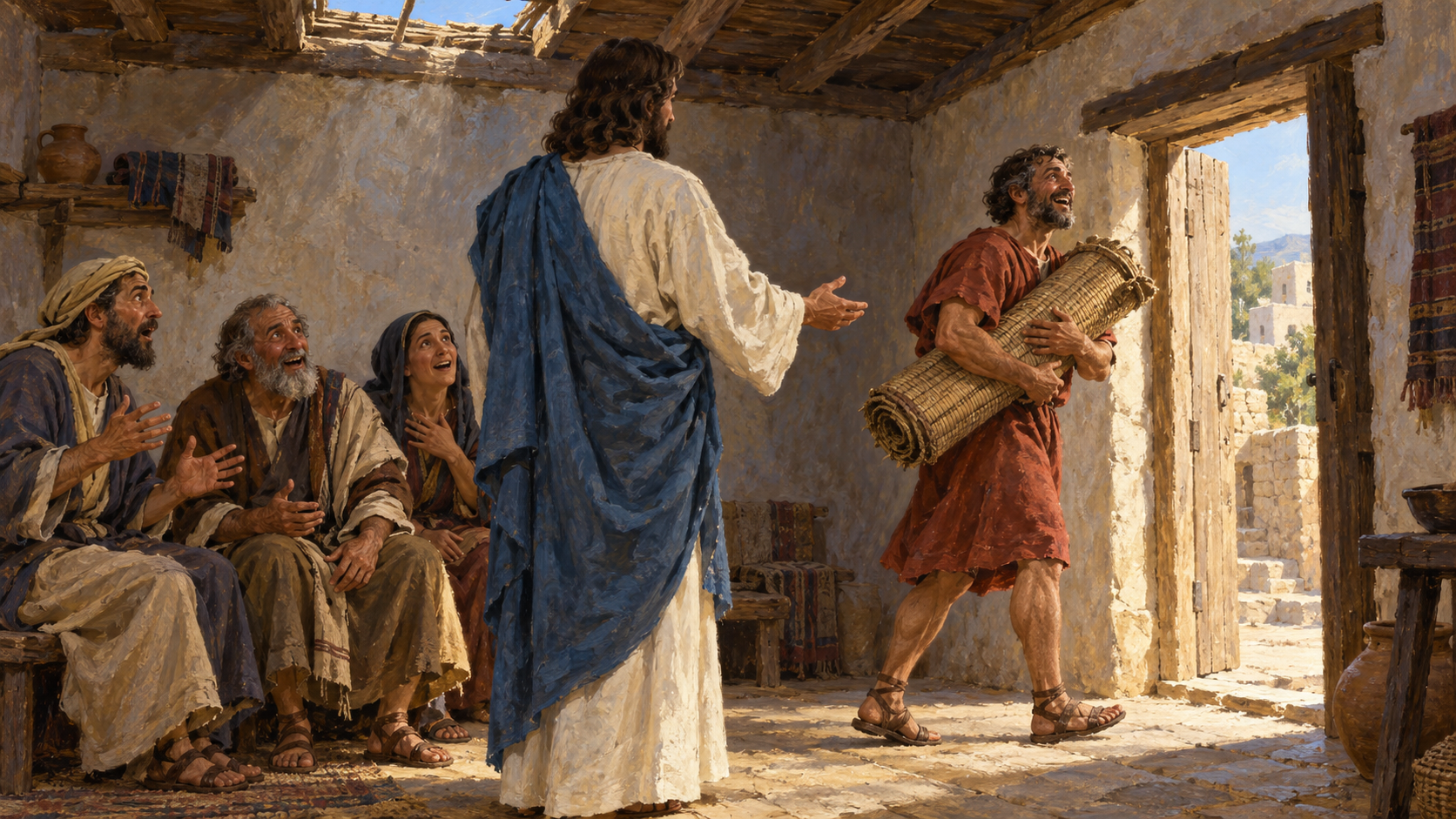 Miracles of Jesus – classical oil painting Classical oil painting of the healed man carrying his sleeping mat past Jesus while witnesses react in amazement.