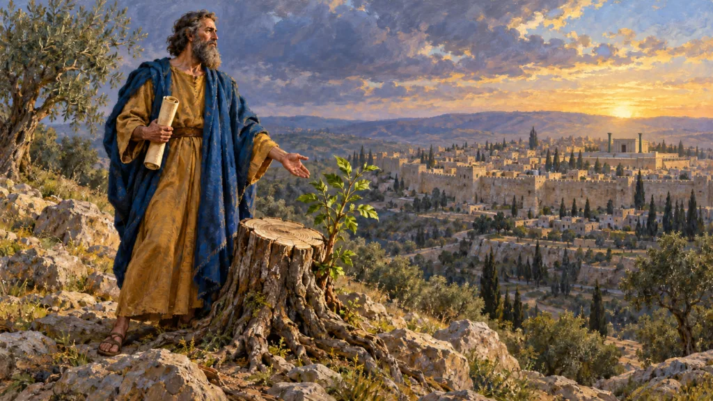 Classical oil painting of Isaiah holding a scroll beside a living shoot from a cut stump overlooking ancient Jerusalem.