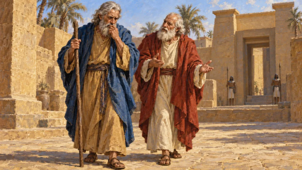 Classical oil painting of Moses hesitating with a hand near his lips while Aaron stands beside him ready to speak.