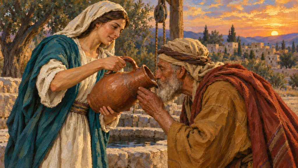 Classical oil painting of Rebekah offering water from her pitcher to the unnamed servant sent by Abraham.