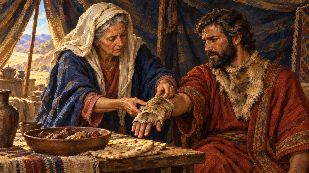 Classical oil painting of Rebekah fitting goatskin over the hand of Jacob before he deceives Isaac.