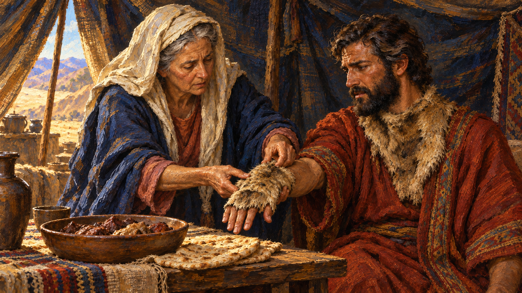 Classical oil painting of Rebekah fitting goatskin over the hand of Jacob before he deceives Isaac.
