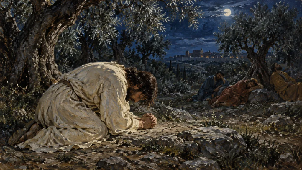 Classical oil painting of Jesus praying in Gethsemane while three disciples sleep among olive trees.